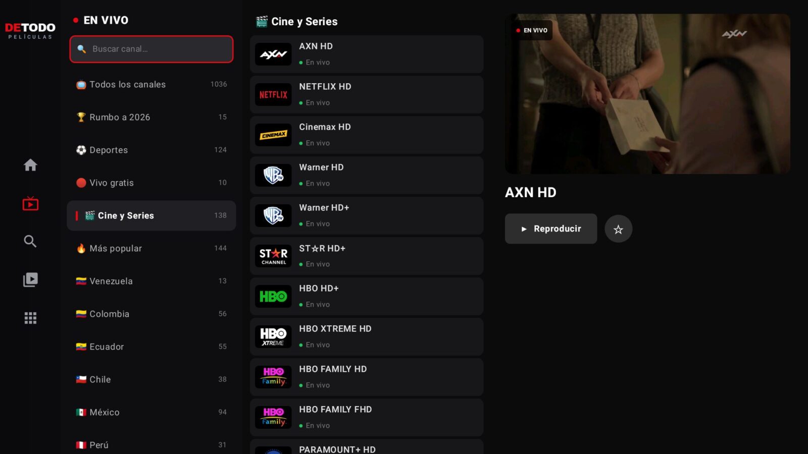Canales de cine y series en vivo