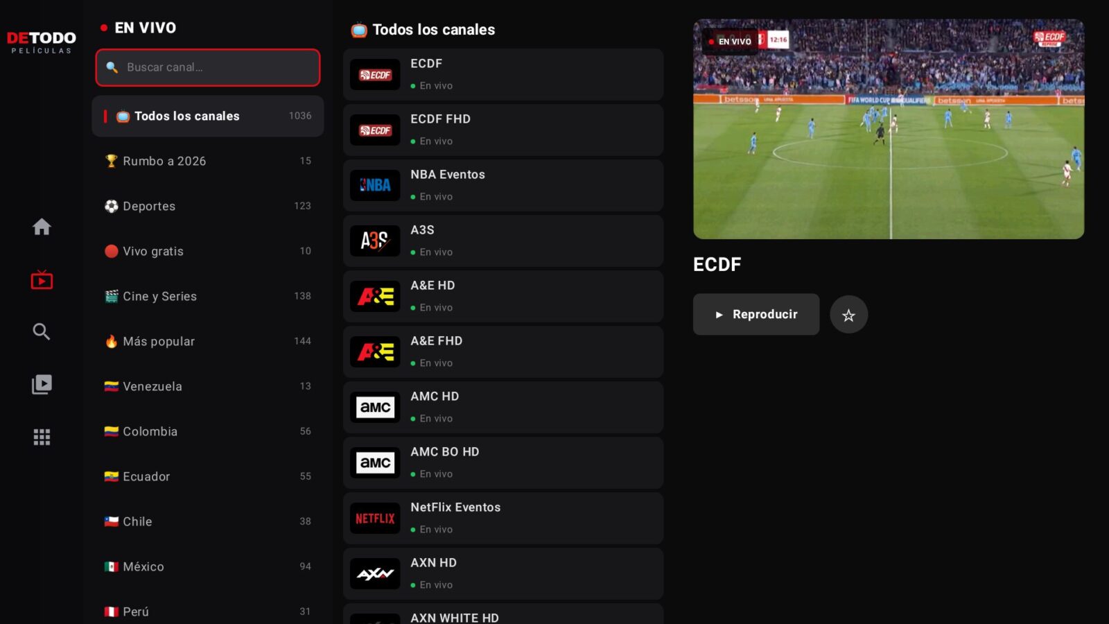 Todos los canales en vivo con vista previa